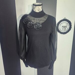 Vintage Black Mesh Sleeve Top with Floral Rosettes